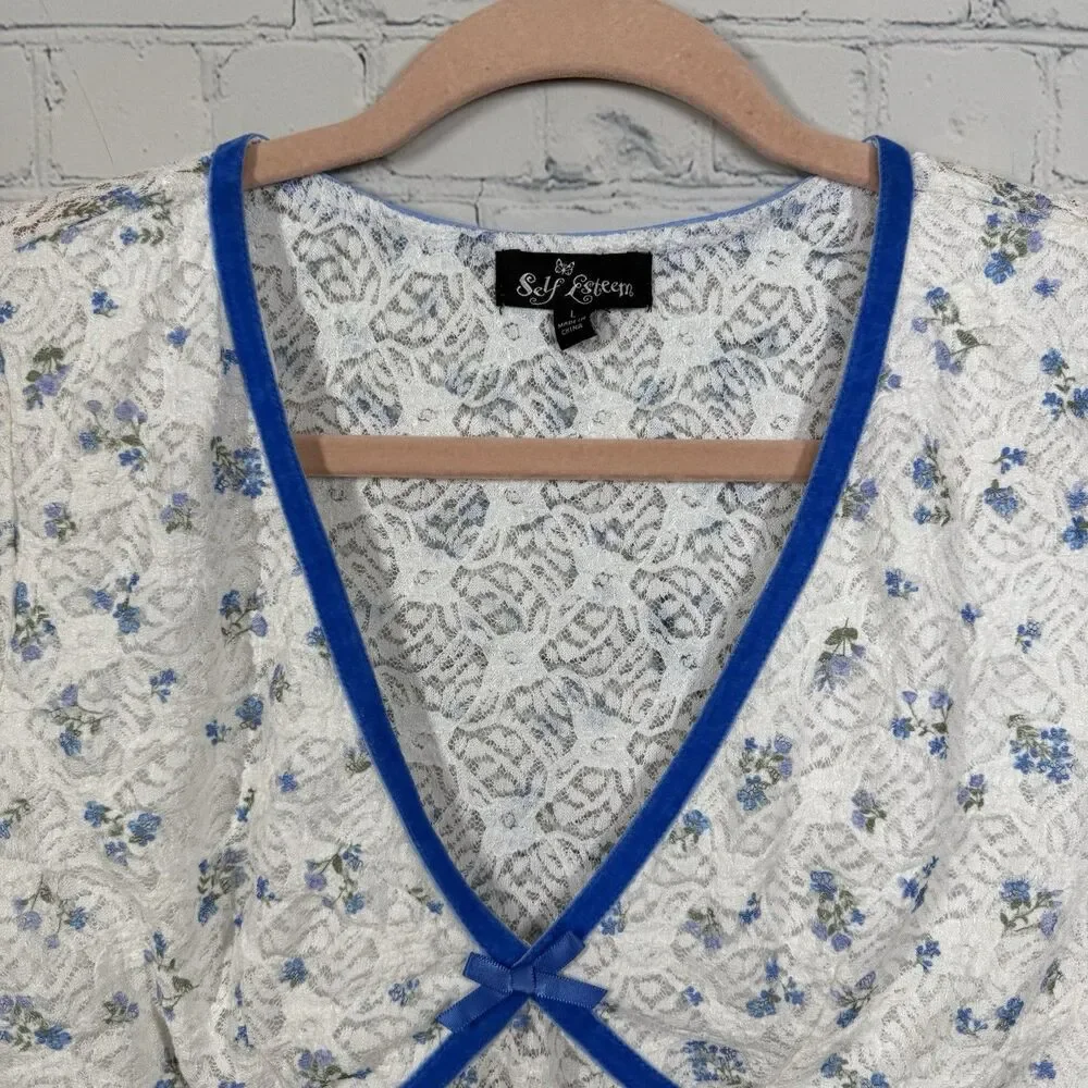 Coquette Y2K Sheer Lace Floral Blouse Junior Large Blue Trim Bow Top Romantic